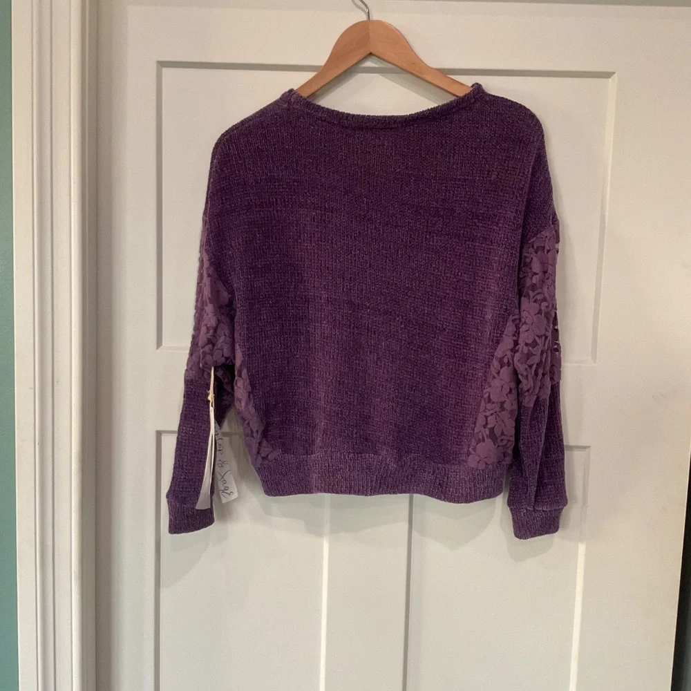 Taylor & Sage Chenille Sweater with Lace Plum Purple NWT Medium Lightweight - Picture 2 of 8